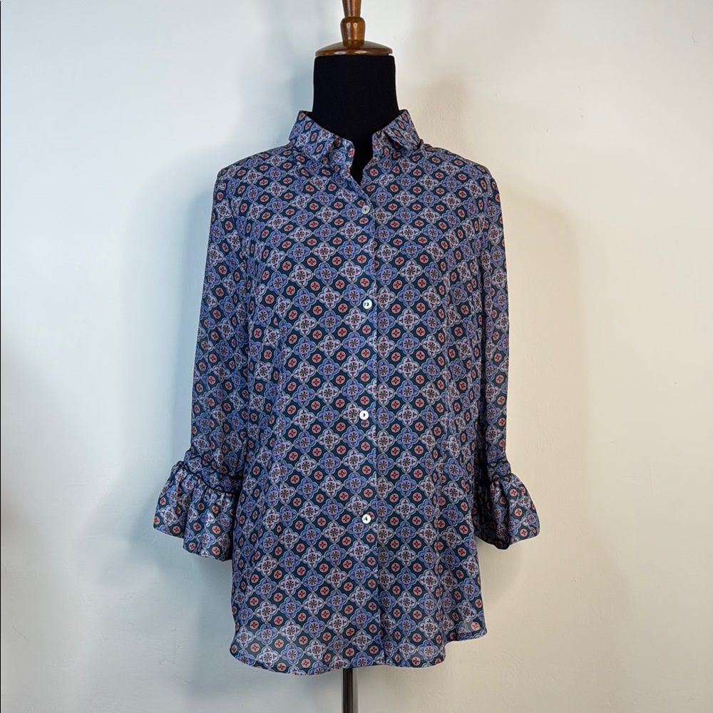 GRETCHEN SCOTT DESIGNS Patterned Sheer Button-Up Blouse S